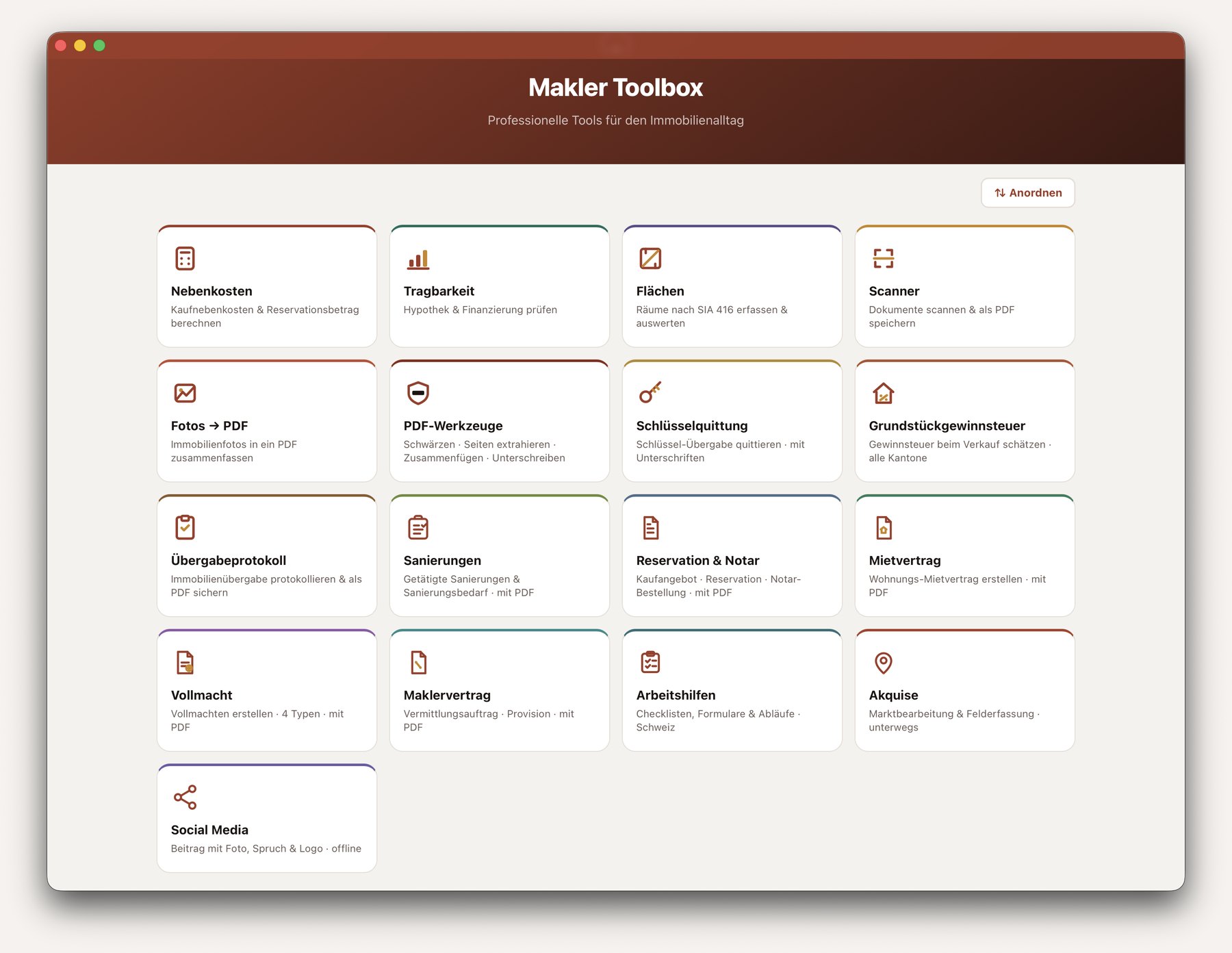 Der Startbildschirm der Makler Toolbox mit allen 17 Werkzeugen