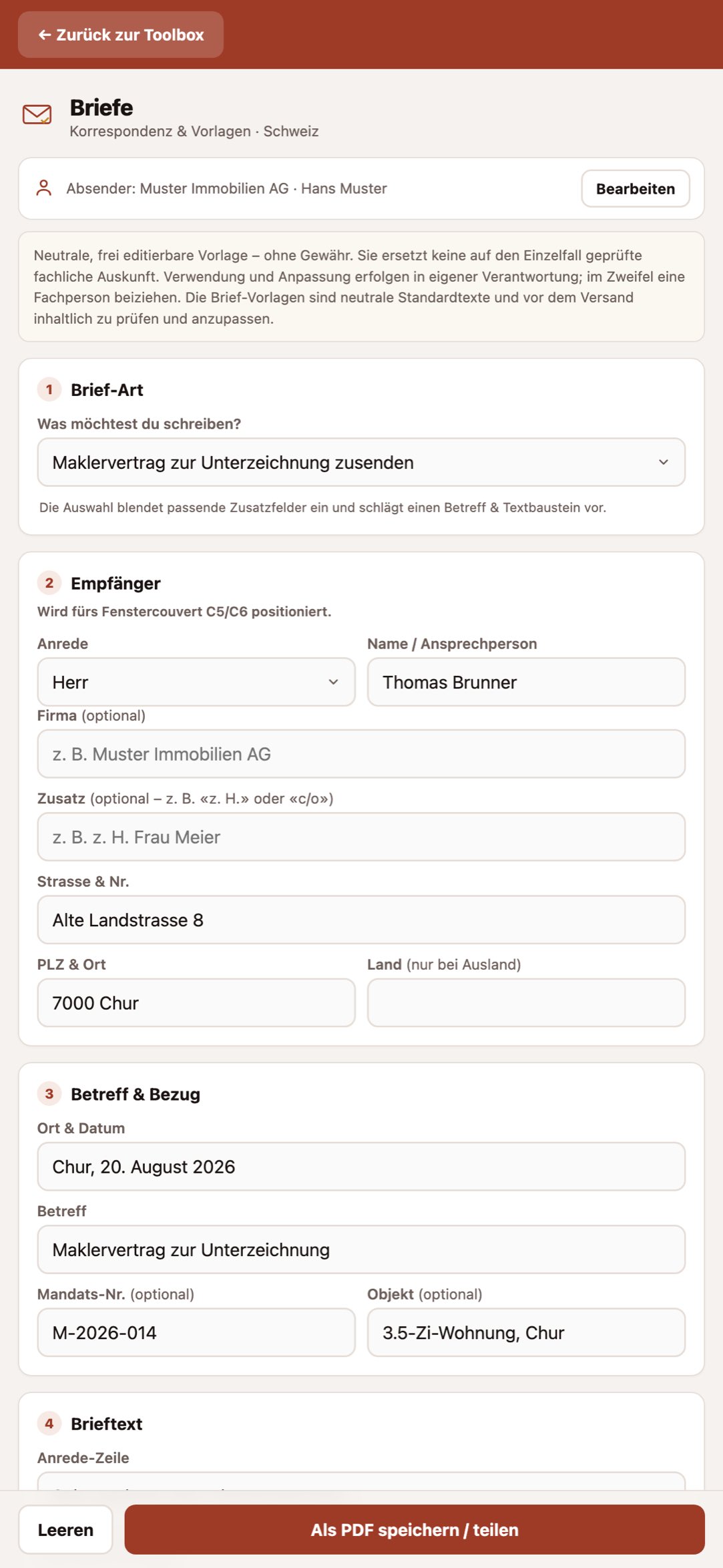 Briefe auf dem iPhone in der Makler Toolbox