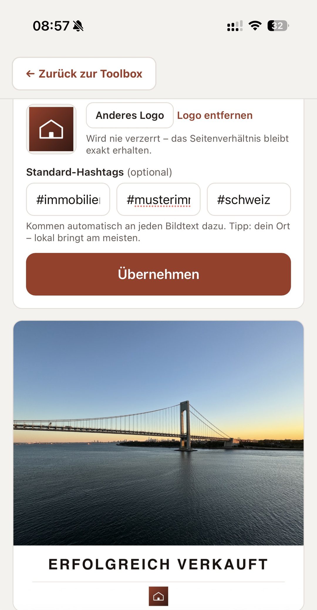 Social Media auf dem iPhone in der Makler Toolbox